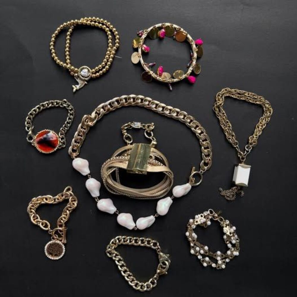 Lot of 10 Gold-Tone Jewelry – Baroque Pearl Choker, Chunky Chains & Cuffs